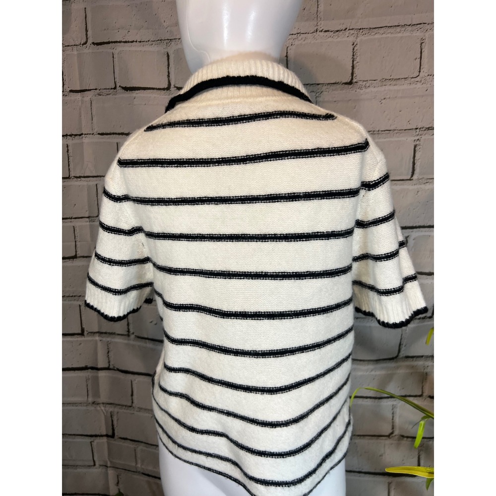 H&M Divided Womens Medium Striped Short Sleeve Knit Cardigan Sweater Cream Black - Picture 2 of 5